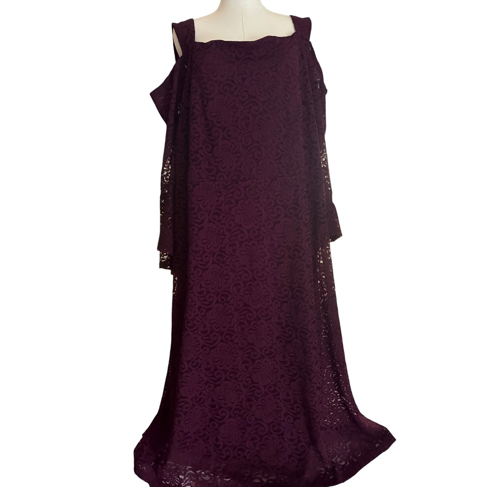 Catherines Burgundy Floral Lace Cold Shoulder Bell Sleeve Dress 5X 34/36W